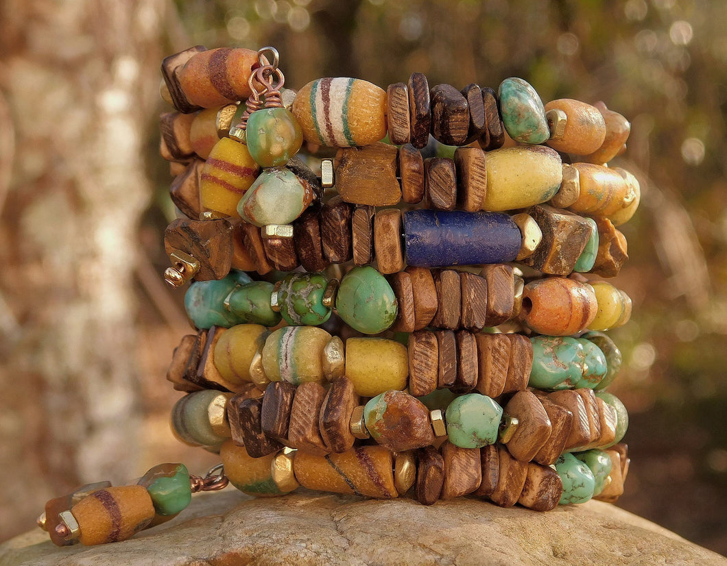 Turquoise and African Sandcast Bohemian Bangle