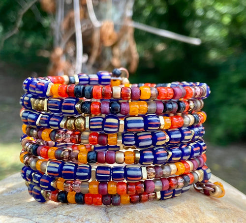 Flame Thrower Matubo Rocailles and Cobalt w/ Stripes Gooseberry Bead Bangle