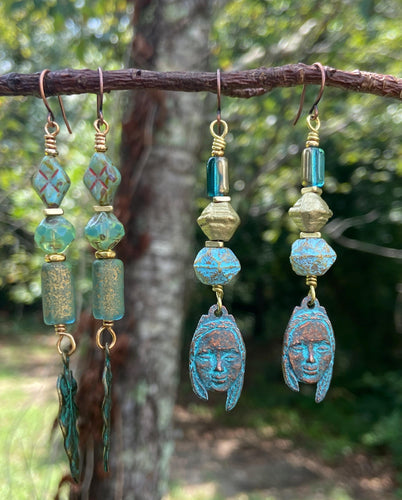 Etched Patina Face Charm and Leaf Dangling Earrings