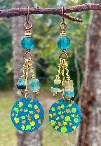 Painted Hammered Copper and Roman Glass Earrings