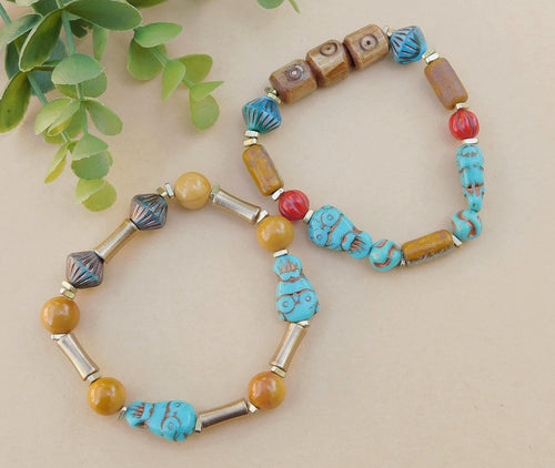 Turquoise Owls, Multi Czech and Gemstone Bohemian Bracelet