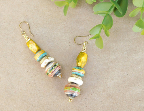 Chartreuse Bone and Paper Bead Earrings