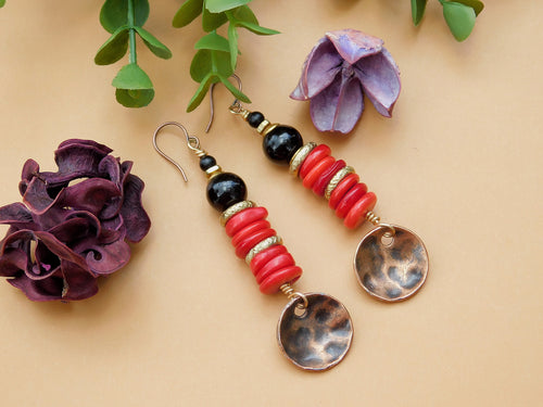 Red Magnesite and Black Onyx Copper Disc Earrings