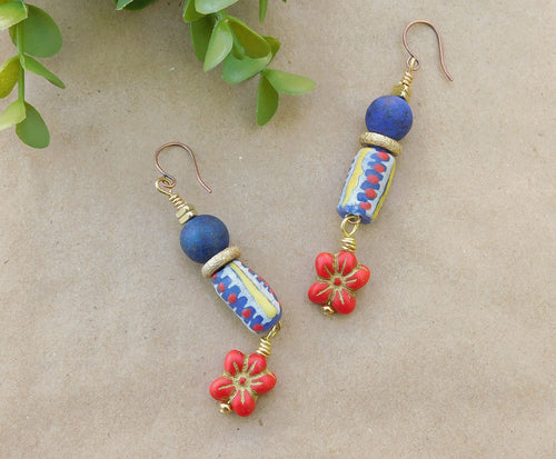 Exotic Krobo and Red Hibiscus Czech Flower Charm Earrings
