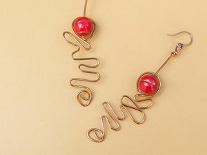 Red Lampwork Copper Swirly Earrings