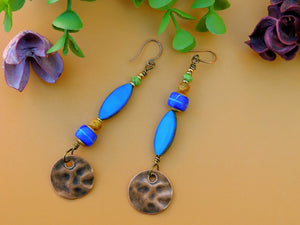 Hammered Copper and African Trade Bead Earrings